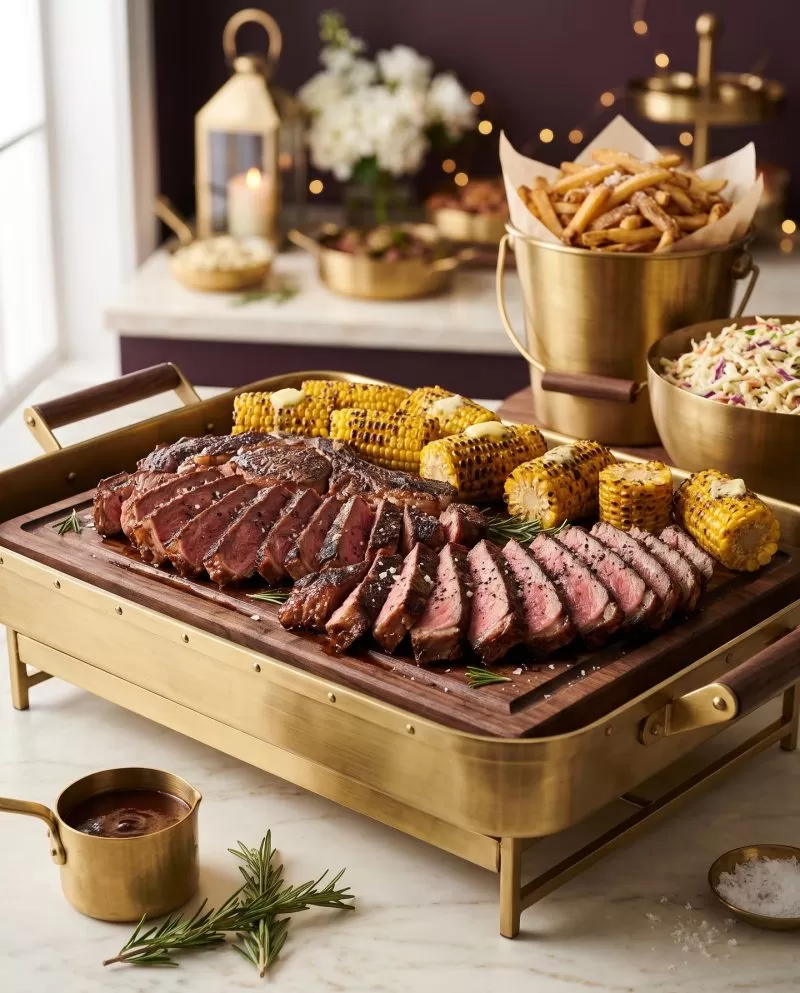 Sliced ribeye steak and grilled corn