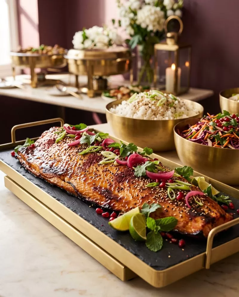 Miso-glazed salmon with sumac and pomegranate
