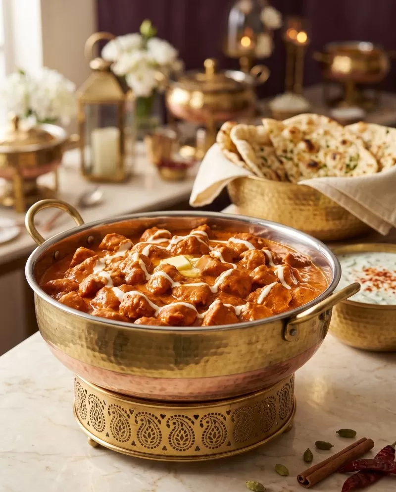 Butter chicken in a brass handi
