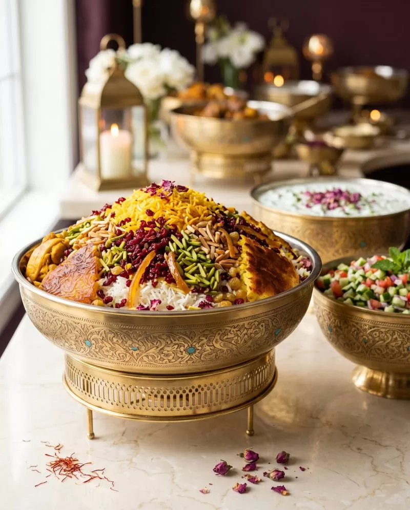 Persian jeweled rice with saffron chicken and tahdig