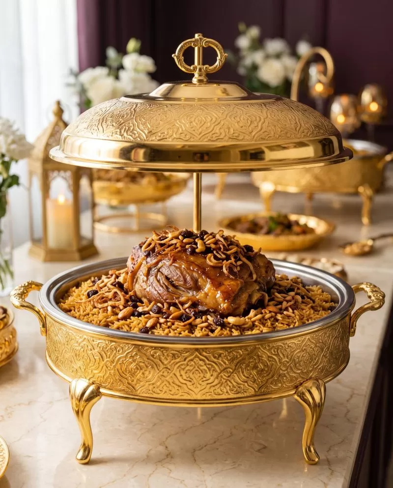 Honey-glazed lamb shoulder on kabsa rice in a gold chafing dish