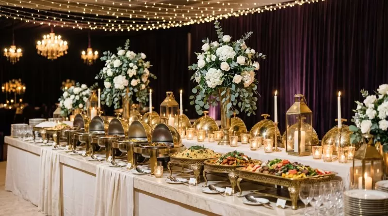 Evening celebration buffet with brass chafing dishes and white flowers
