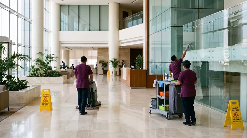 Cleaning team at work in a corporate lobby