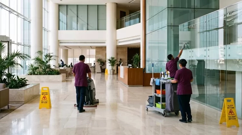 Cleaning team at work in a corporate lobby